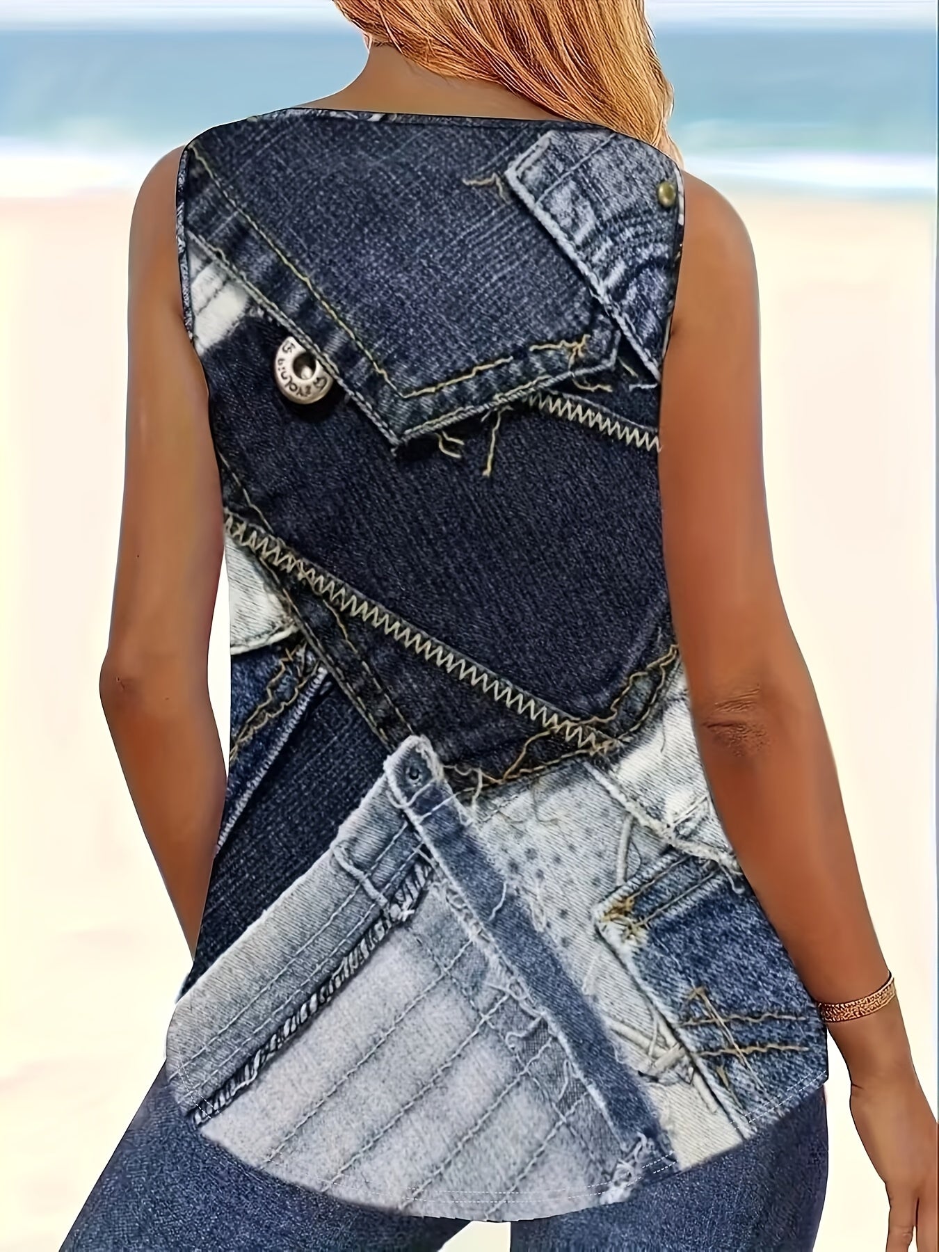 Stylish Metal Buckle Design Imitation Denim Print Casual Sleeveless Vest